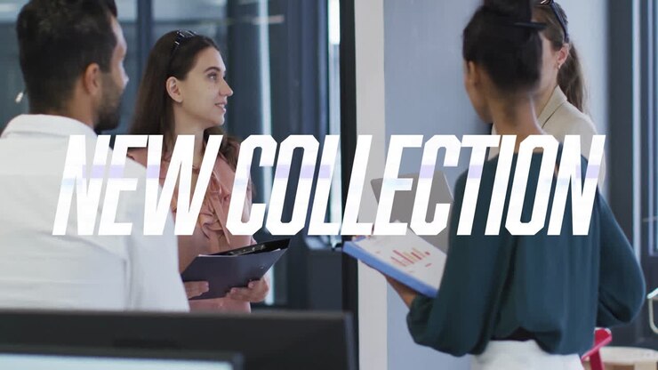 Nieuwe collectie tekstanimatie boven diverse zakenmensen die discussiëren op kantoor