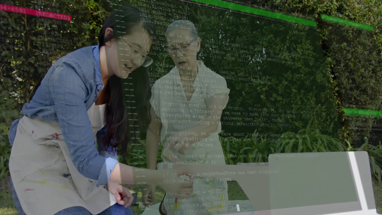 Senior woman pointing guiding mid adult placing craft strip on garden table, tech overlay showing