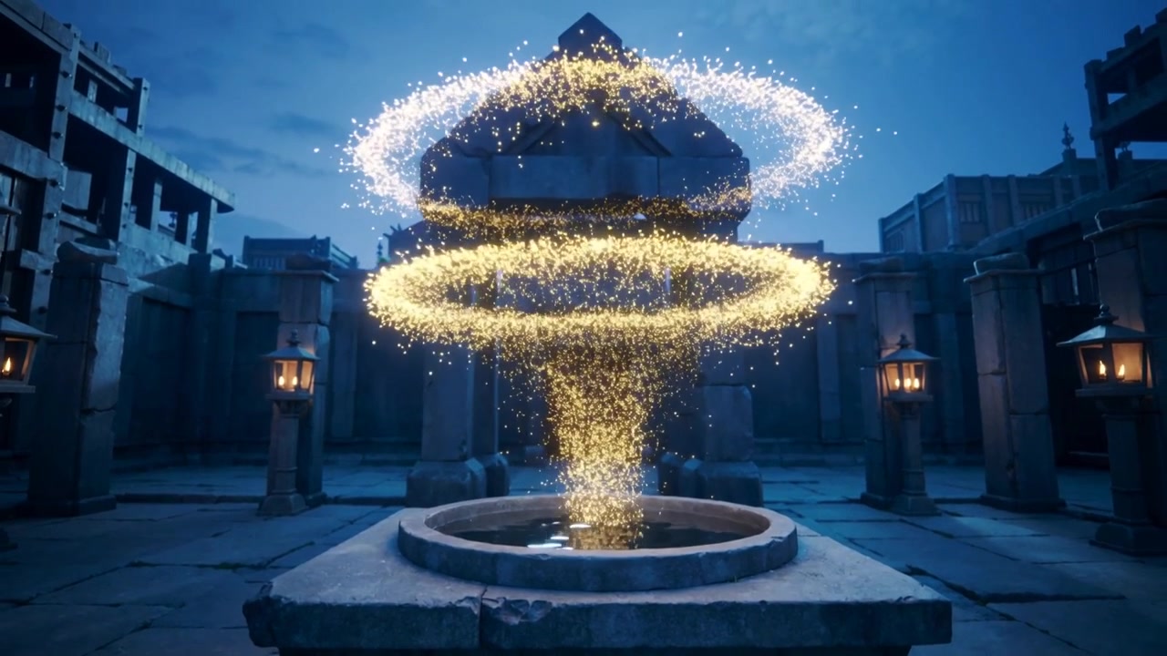 古代の石造りの噴水から舞い上がる魔法の黄金の粒子