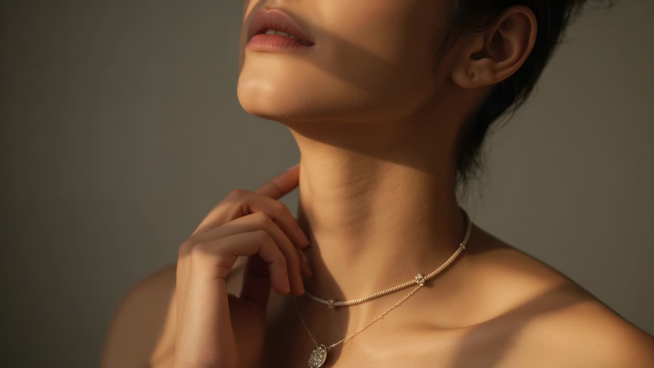 Donna in studio con spalle scoperte, illuminata dalla luce calda che filtra dalle persiane, inclina e modifica delle catene a strati