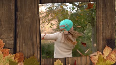 marco de hojas de otoño y pantalla que muestra a una niña jugando con hojas de otoño 4k