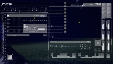 Animation-Der-Datenverarbeitung-Auf-Der-Schnittstelle-über-Den-Füßen-Eines-Fußballspielers,-Der-Den-Ball-Kickt