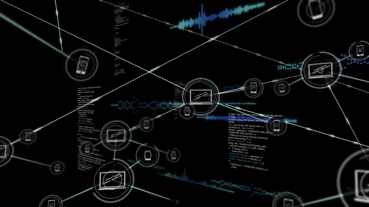 Network of digital connections and data processing animation on black background