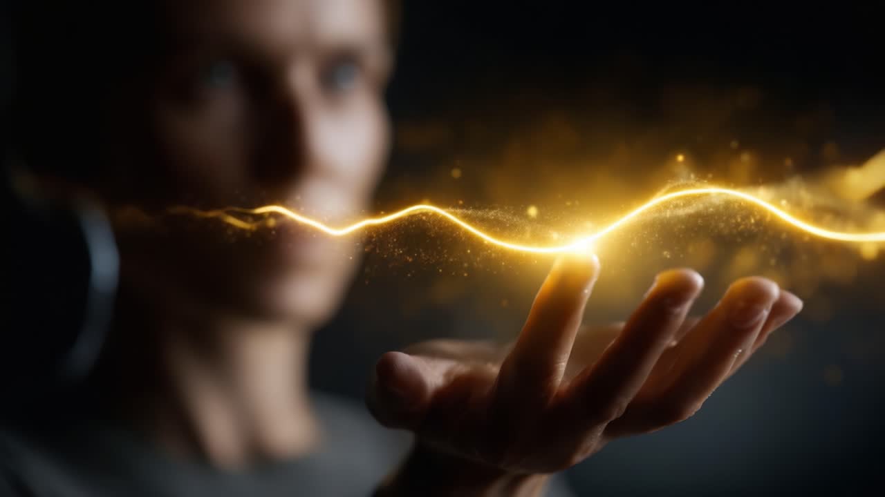 Illuminating Energy: A Majestic Display of Glowing Particles and Waves Flowing from the Hand of an Engaging Individual, Capturing the Essence of Magic and Power