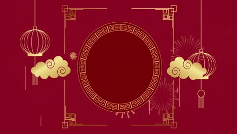 animación de patrón chino y decoración de nubes sobre fondo rojo