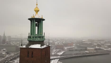 Aerial-view-of-City-Hal-on-cold-winter's-day,-Stockholm,-Sweden