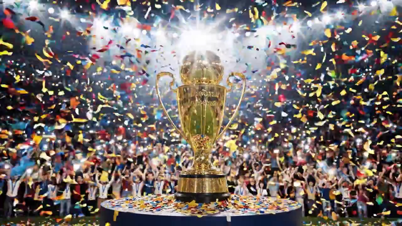 Trofeo sportivo celebrativo tra coriandoli colorati e una folla esultante, catturato in un glorioso momento di trionfo e successo a un grande evento