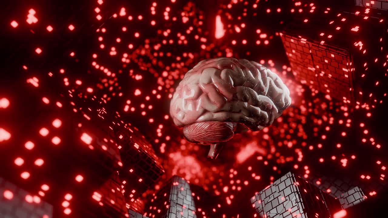 Human brain floating in digital cyber space with glowing red cubes and data particles. 3D render illustration. Artificial intelligence and neural network concept. Design for poster