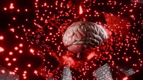 human brain floating in digital cyber space with glowing red cubes and data particles. 3d render illustration. artificial intelligence and neural network concept. design for poster
