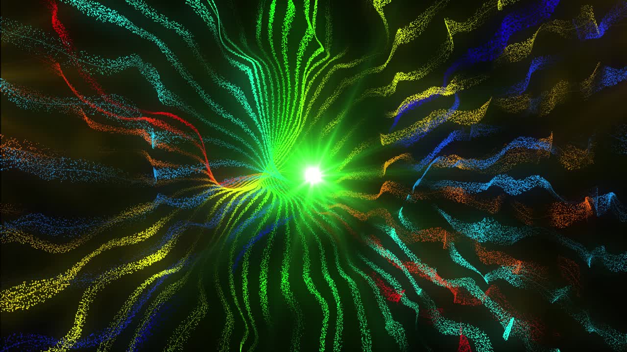 Green glitter light circle and light digital waves with multicolored particles moving looped, 3d animation, slow motion