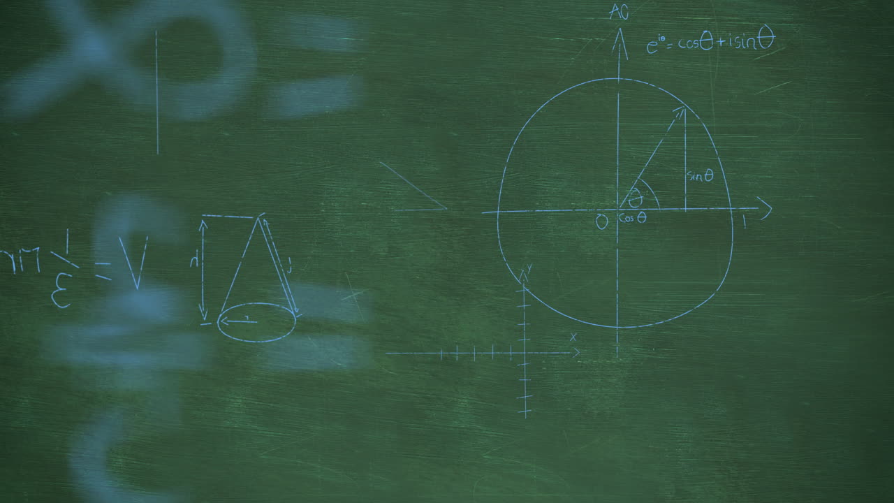 초록색 칠판 배경에서 올라오는 크레이드로 쓰여진 수학 방정식 4k