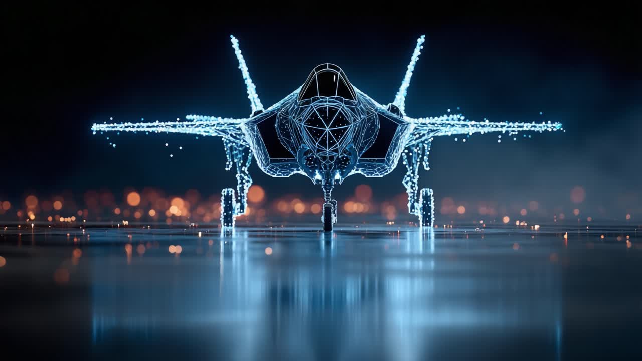 Futuristic Aircraft Visualization: A Stunning Representation of Advanced Jet Technology Rendered in a Neon Blue Wireframe Design Against a Glossy Background
