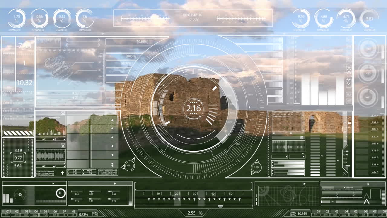 Futuristic data interface animation over ancient ruins and cloudy sky
