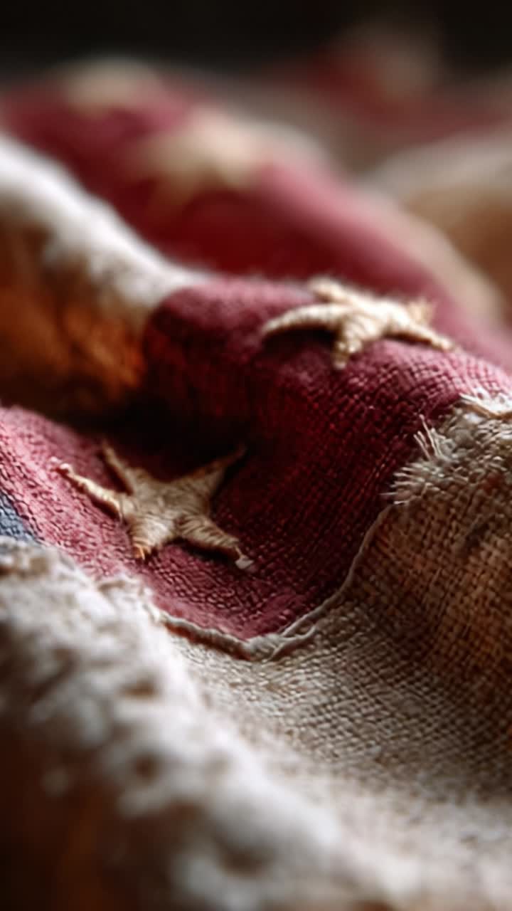 A Close-Up View of Worn Textile Featuring Stars and Stripes, Showcasing Distinct Textures and Colors in a Captivating Fabric Composition