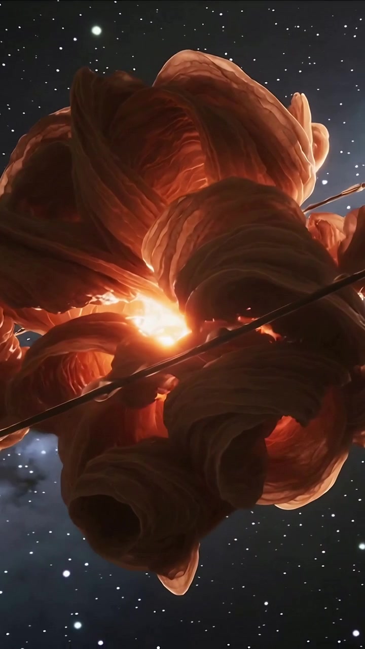 Vertical video: Rotating nebula showing lobes in space, camera orbiting to expose core and filament