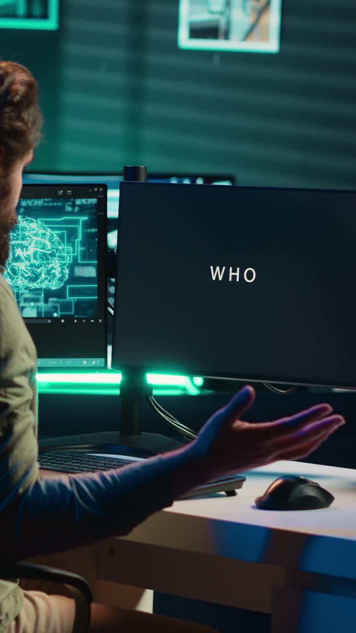 Man Interacting with AI on Computer Screens in Dark Office