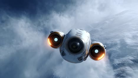 futuristic spaceship flying through clouds