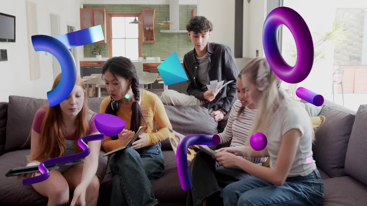 5 peers entering room with notes arranging on sofa studying purple blue 3D graphics obscuring view
