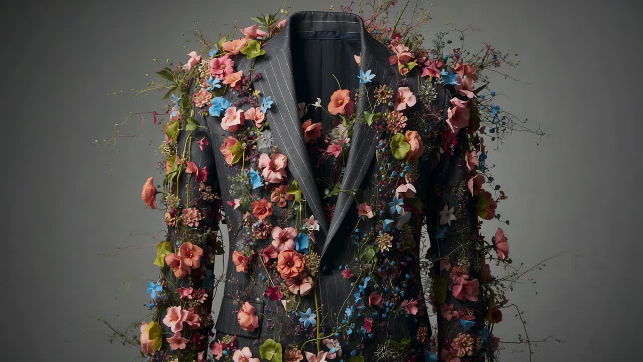 Camera rotating mannequin torso, revealing flowered black men's jacket in studio, showing details