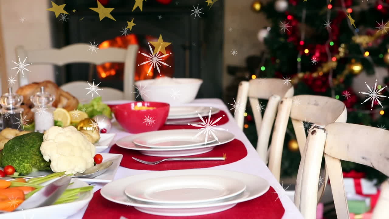 animación de nieve cayendo sobre la mesa de navidad y el árbol de navidad