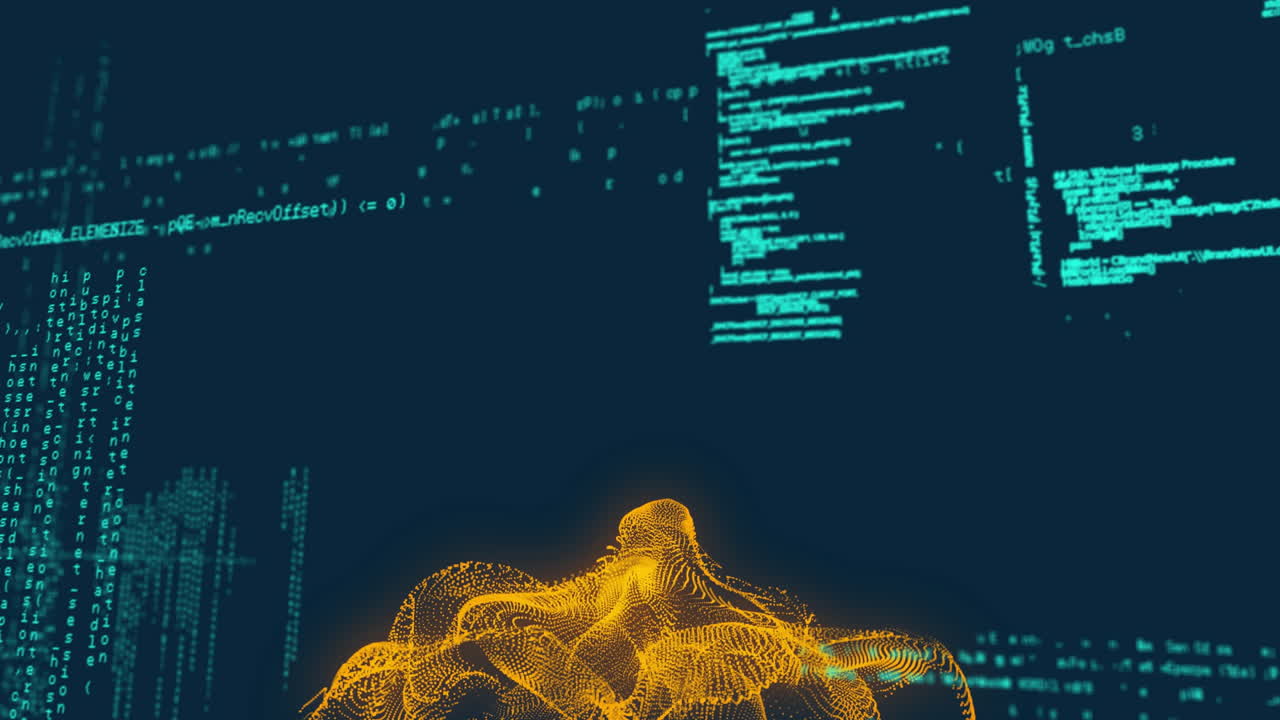 Animation of shapes with light spots over data processing on black background