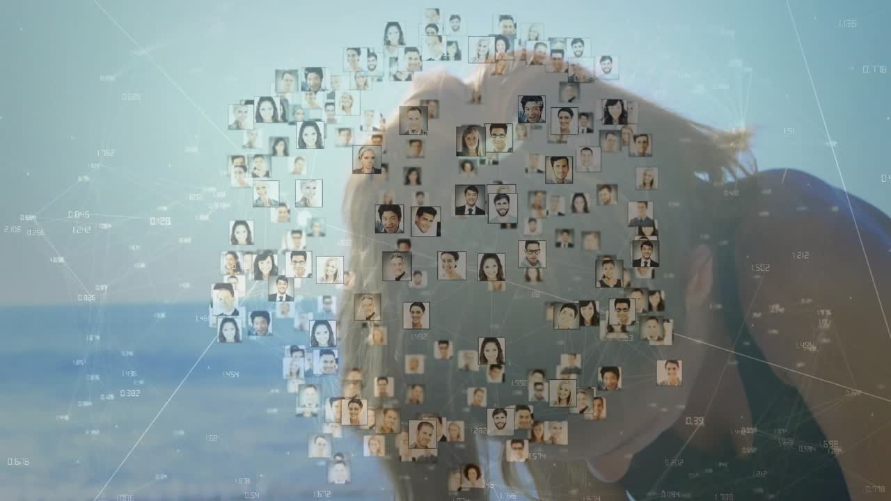 woman leaning and flipping wet hair at shore, causing tech portrait mosaic reshaping into circle