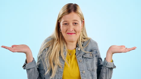 woman, portrait and shrug for choice with smile