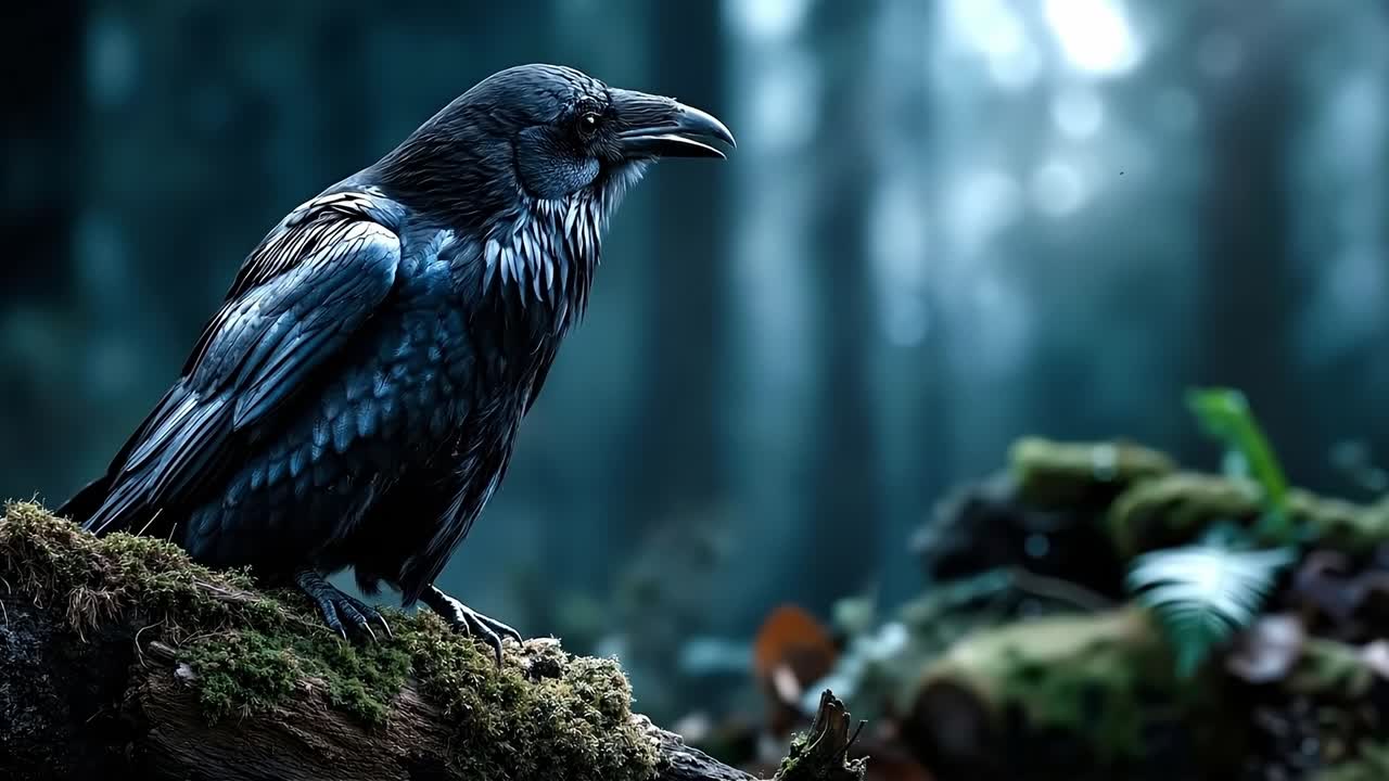 A black bird sitting on a moss covered log in the woods
