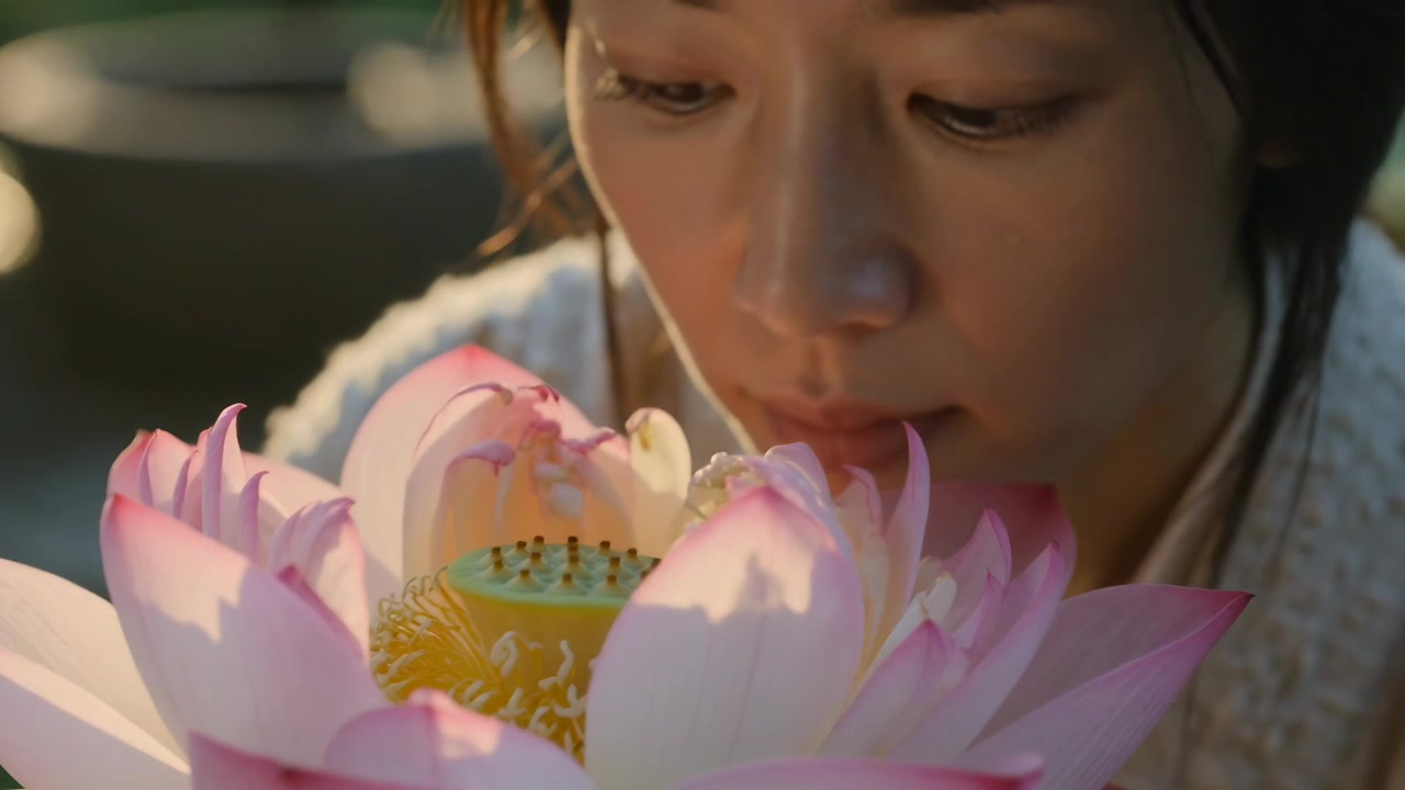 En asiatisk kvinne legger merke til en rosa lotus, lener seg nærmere ved en dam, og inspiserer en frøkapsel for å studere, iført genser.