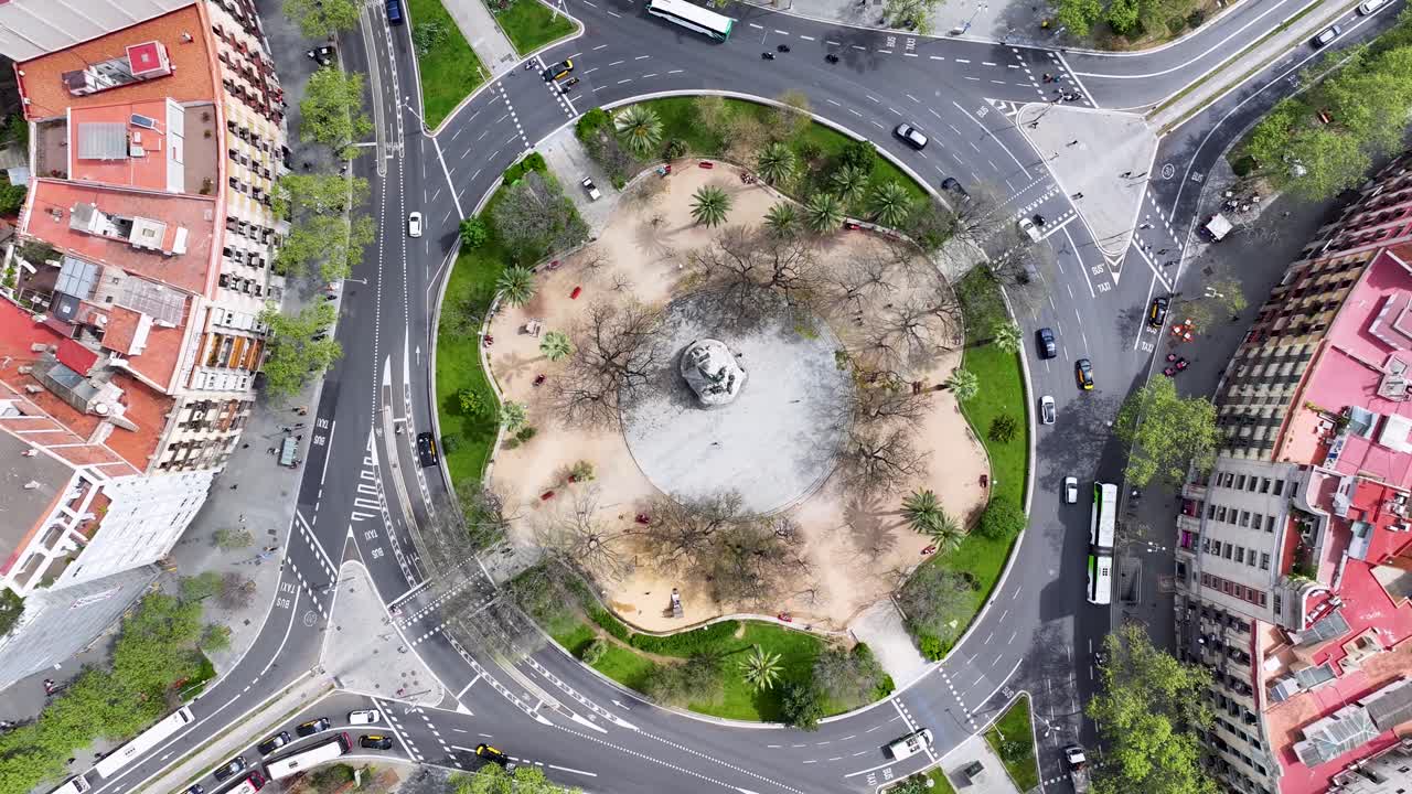 Scenic Roundabout At Barcelona Spain. Famous Roundabout. Downtown Cityscape. Top View Crossing. Scenic Roundabout In Spain. Barcelona Street Scene.