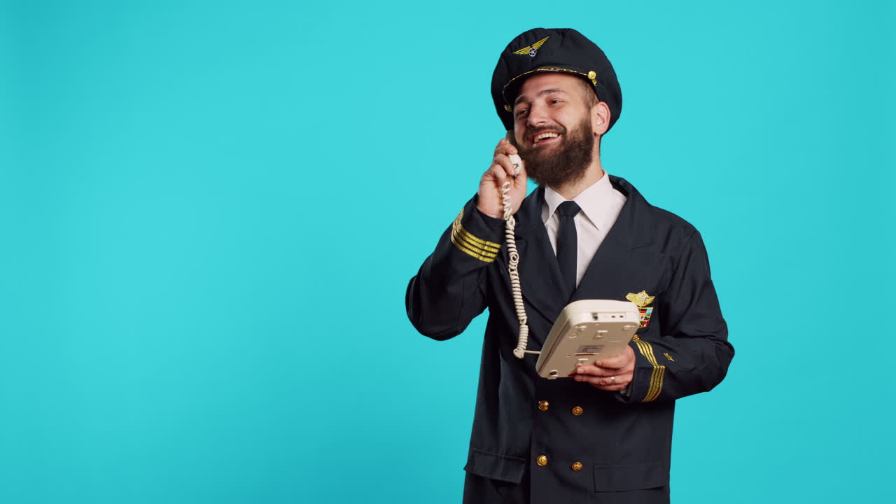 Pilota commerciale che parla al telefono fisso in studio