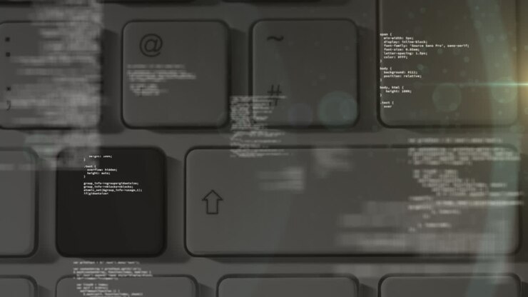 Animation of data processing over computer keyboard in background