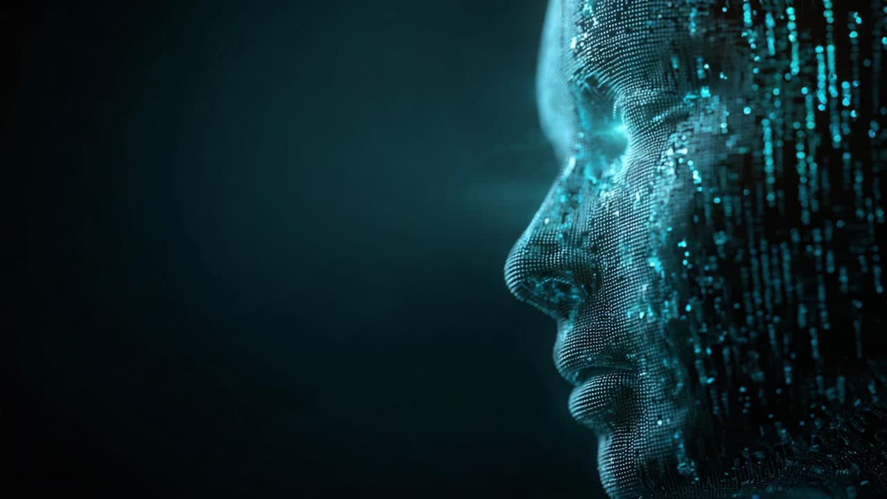 Futuristic digital human face composed of particles and flowing code, symbolizing artificial intelligence, machine learning, biometric recognition, data networks and virtual consciousness