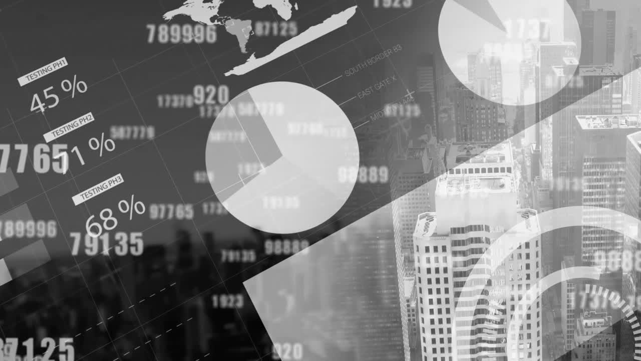 백그라운드의 높은 건물에 대한 통계 데이터 처리를 통해 여러 번 변하는 숫자