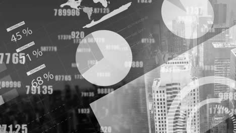 mehrere sich ändernde zahlen über die statistische datenverarbeitung gegen hohe gebäude im hintergrund