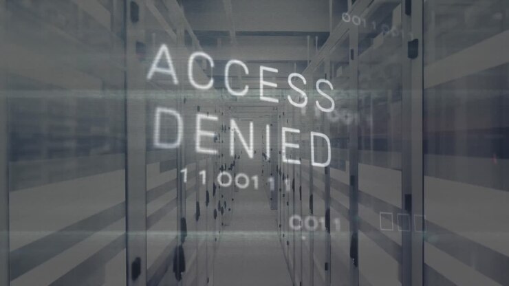 Animation of access denied text in circuit board pattern and binary codes over bars on server room