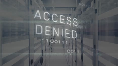 animation of access denied text in circuit board pattern and binary codes over bars on server room