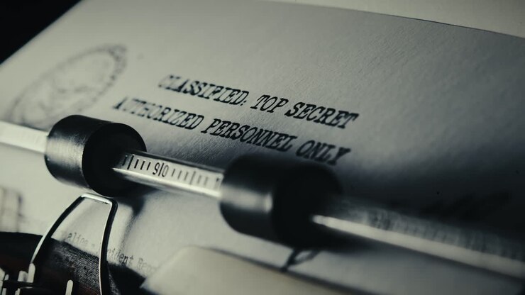 Classified top secret paper scrolls on retro typewriter CLOSE-UP