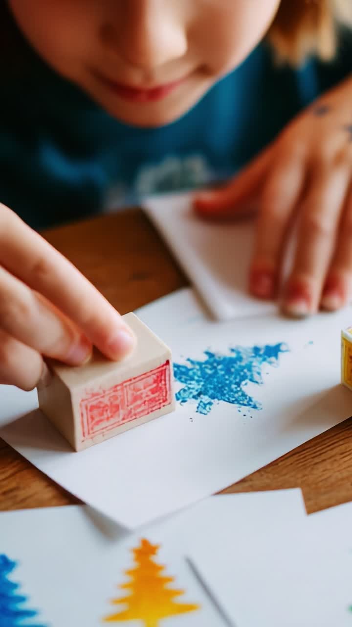 Creative Artistic Exploration: A Child Engaged in Colorful Stamping Crafts, Printing Vibrant Images of Christmas Trees and Festive Shapes with Joyful Expression on Their Face