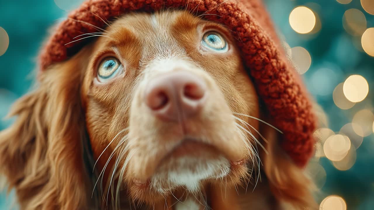 A Heartwarming Portrait of a Dog Wearing a Cozy Knitted Hat, Capturing the Essence of Comfort and Joy Amidst a Blurry Festive Background