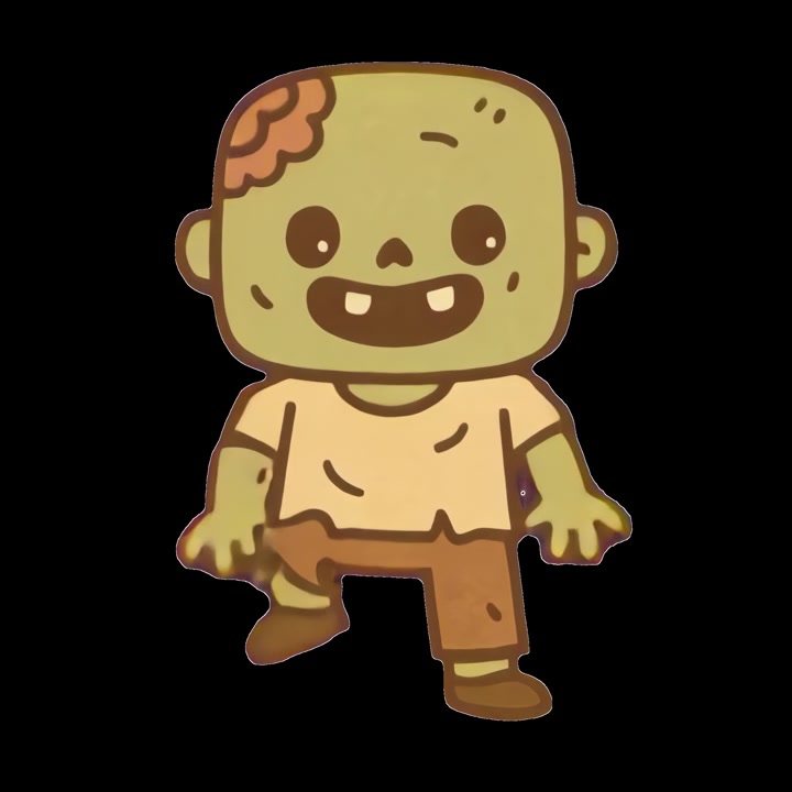 Animazione di un simpatico personaggio zombie a cartoni animati che cammina con sfondo trasparente