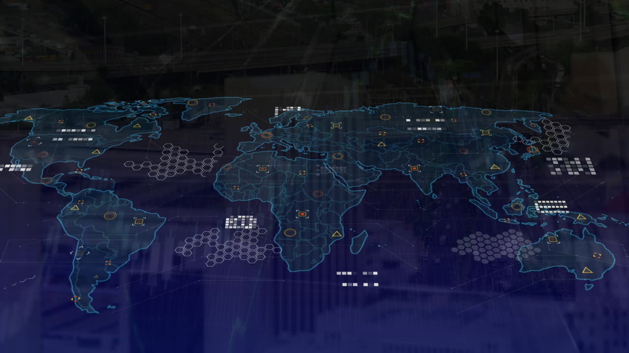 animación del mapa del mundo y procesamiento de datos frente a una vista aérea del paisaje urbano
