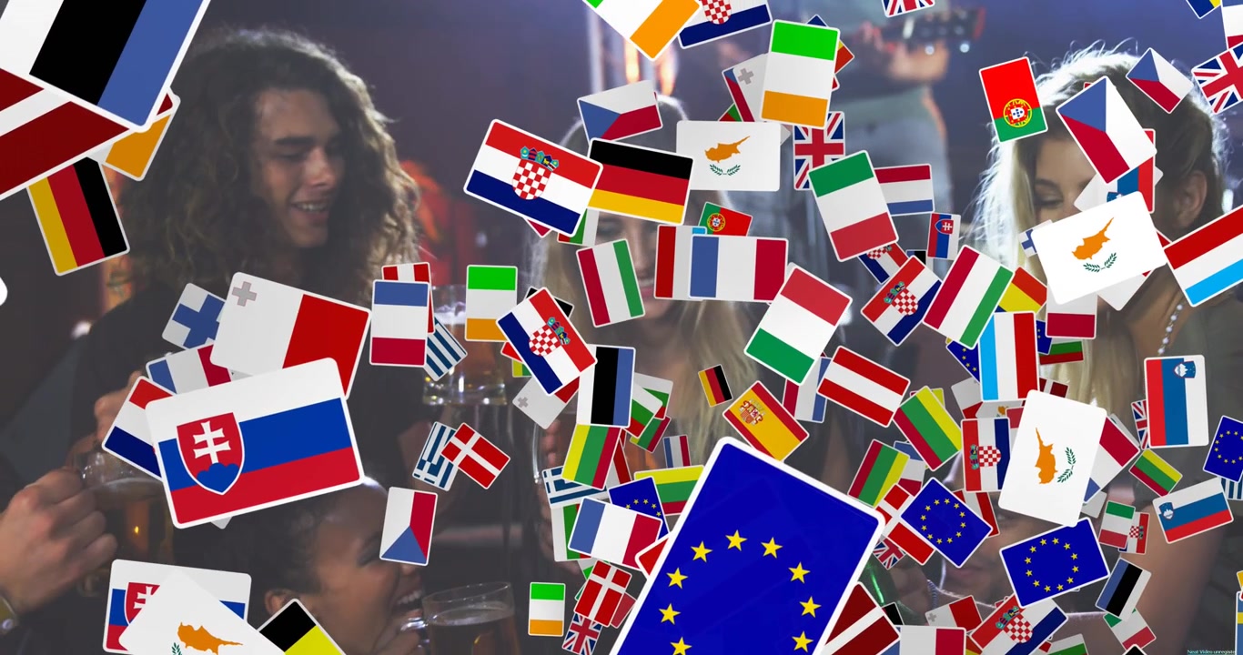 Animation of countries flag icons over group of diverse friends toasting their drinks at a bar