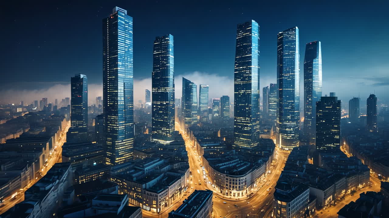 Lebendige nächtliche Stadtlandschaft mit beleuchteten Wolkenkratzern und Verkehr