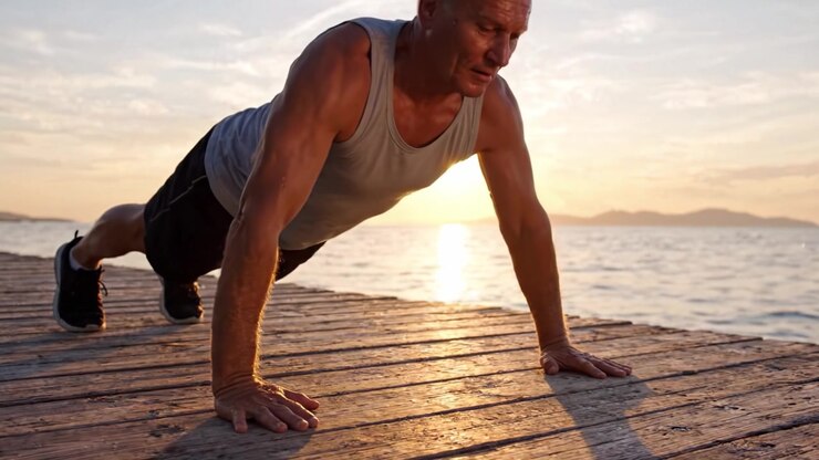 A determined individual performs push-ups on a wooden dock at sunset, showcasing strength and perseverance against the breathtaking backdrop of nature's beauty.