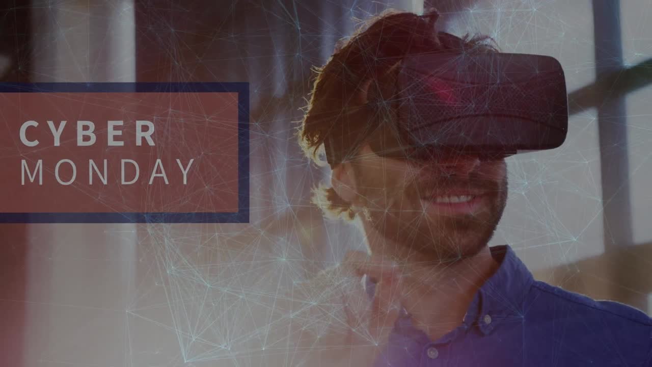 Cyber monday text banner and network of connections over caucasian man wearing vr headset