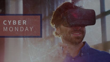 cyber lunes texto banner y red de conexiones sobre hombre caucásico que lleva auriculares vr