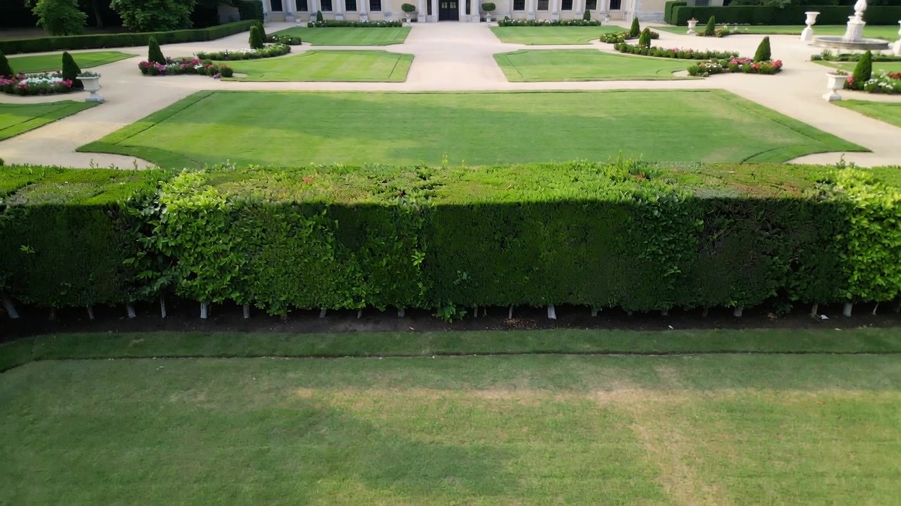 Bewegte Kamera enthüllt geschnittene rechteckige Hecke in einem formalen Garten, zeigt Rasen, Wege, Schlauch.