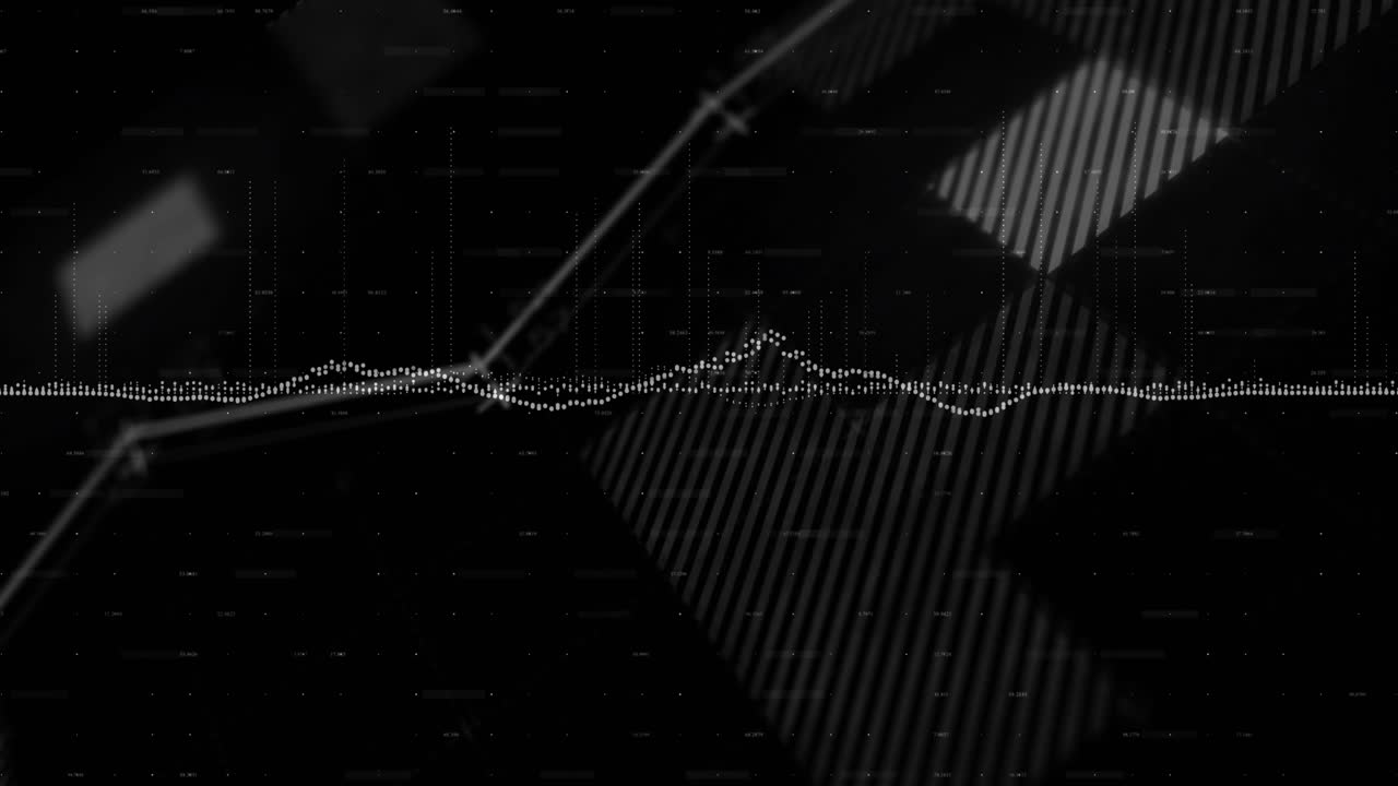 After static fading, line graph sweeping upward, bars shifting and waveform waving visualizing data