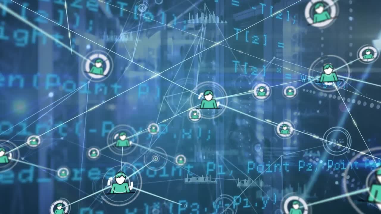 Animation of connected icons, lens flares and programming language against server room